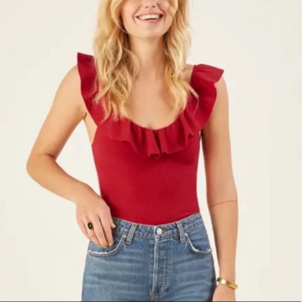 REFORMATION- ROXANNA RUFFLE NECK TOP- size small